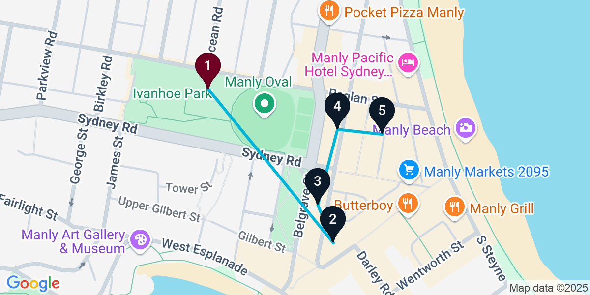 Map for 5-Stop Manly Wine bar Bar Crawl