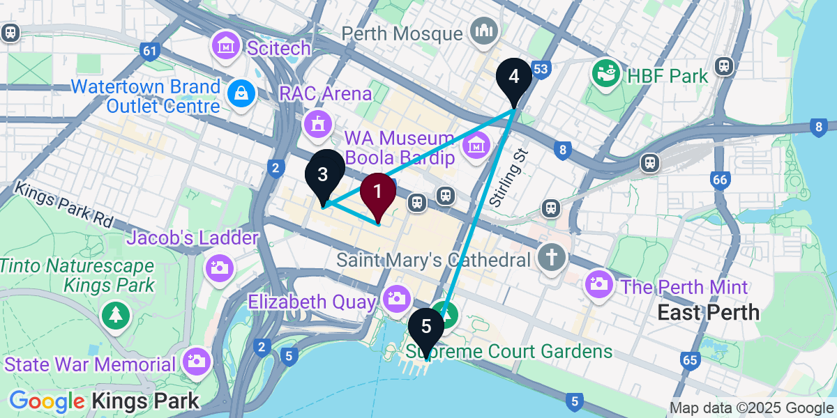 Map for 5-Stop Perth Cocktail Bar Crawl