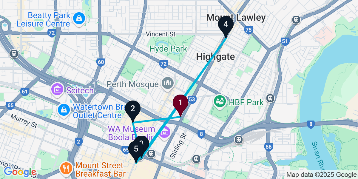Map for 5-Stop Perth Live music Bar Crawl