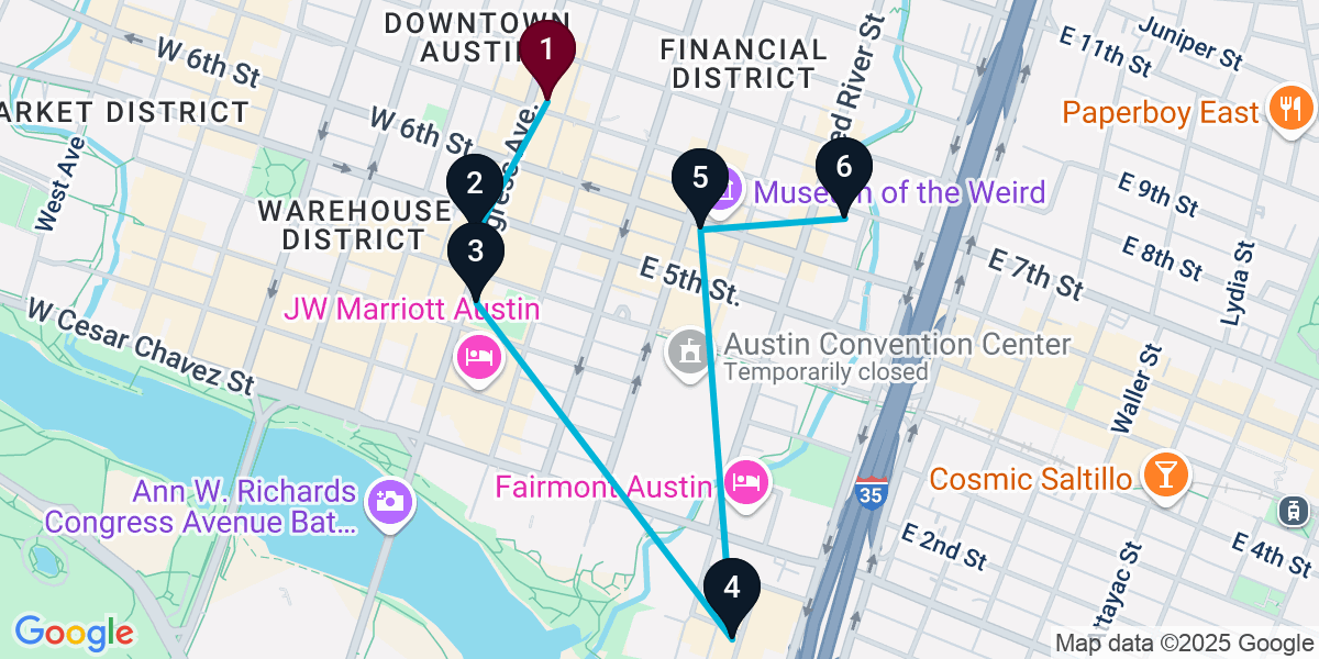 Map for 6-Stop Austin Cocktail Bar Crawl