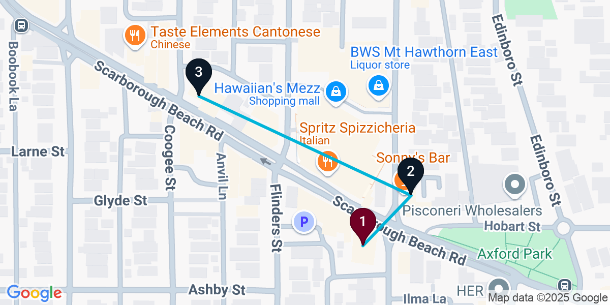 Map for 3-Stop Mount Hawthorn Cocktail Bar Crawl