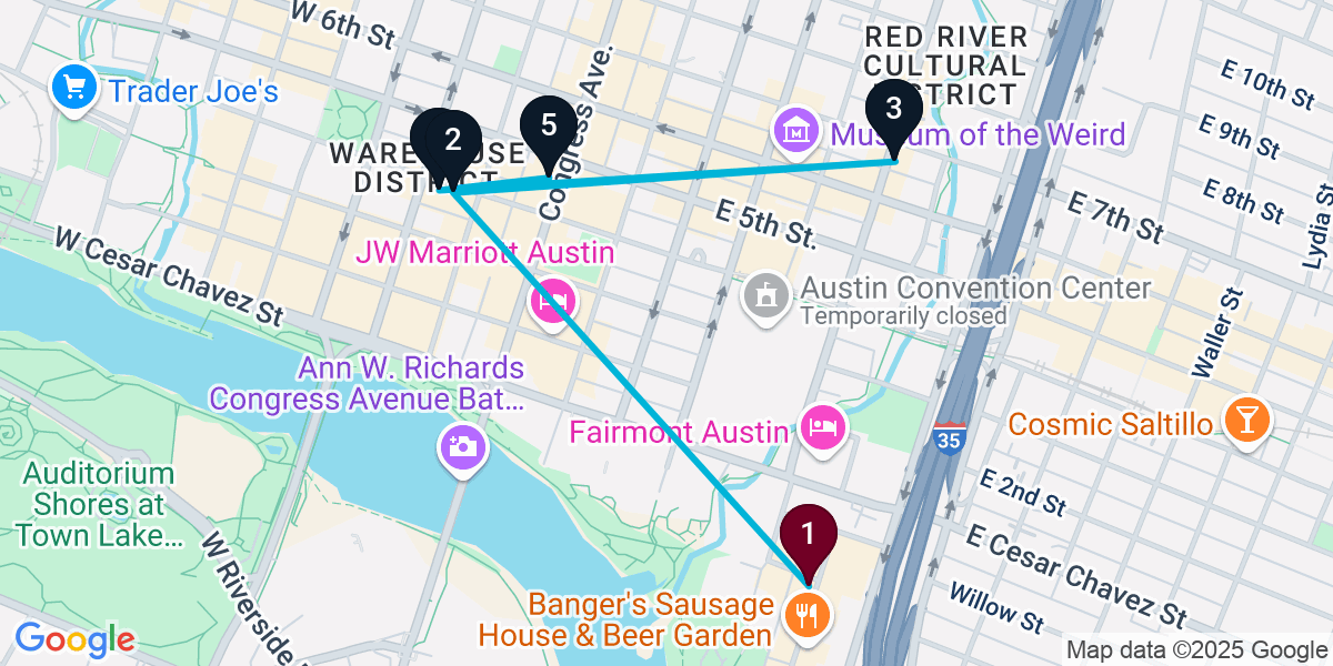 Map for 5-Stop Austin Nightclub Bar Crawl