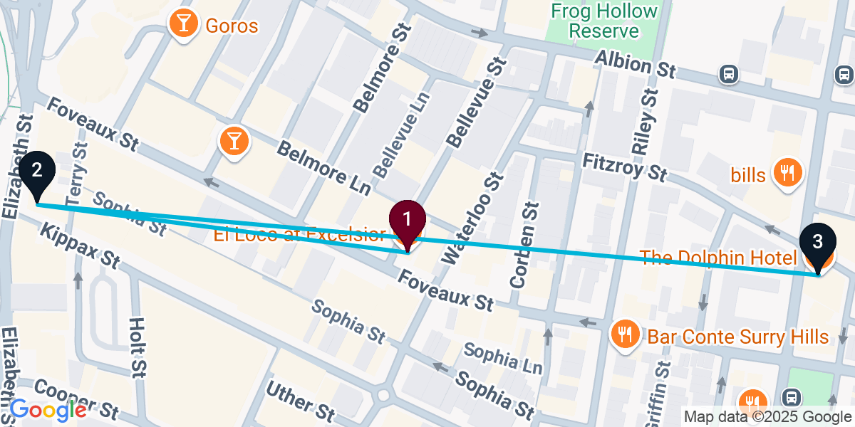 Map for 3-Stop Surry Hills Rooftop Bar Crawl