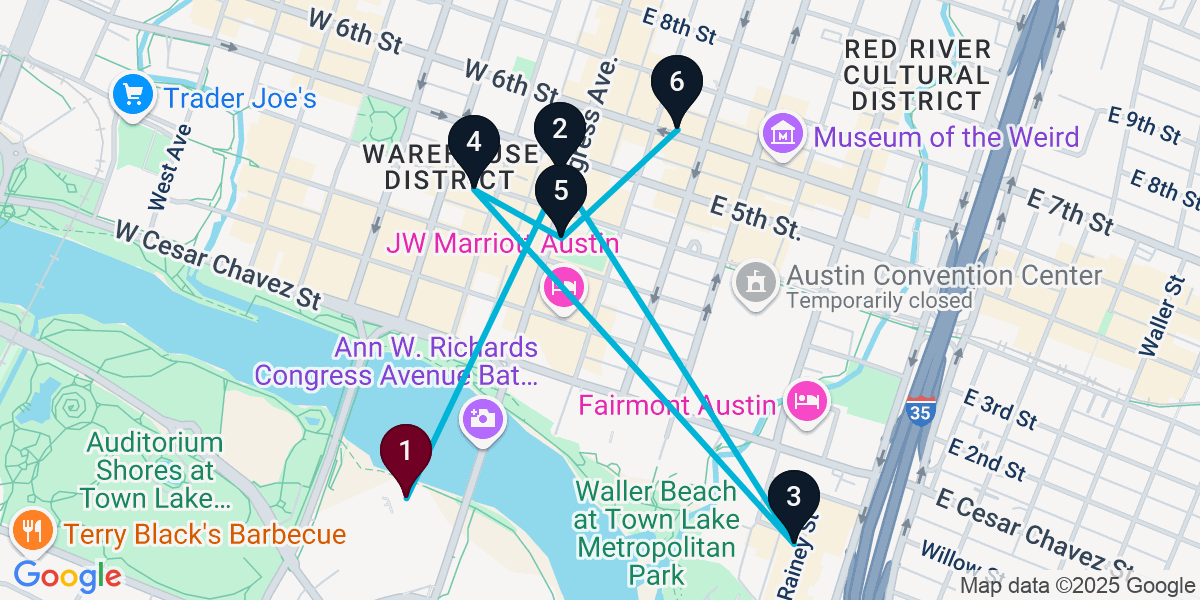 Map for 6-Stop Austin Bar Crawl