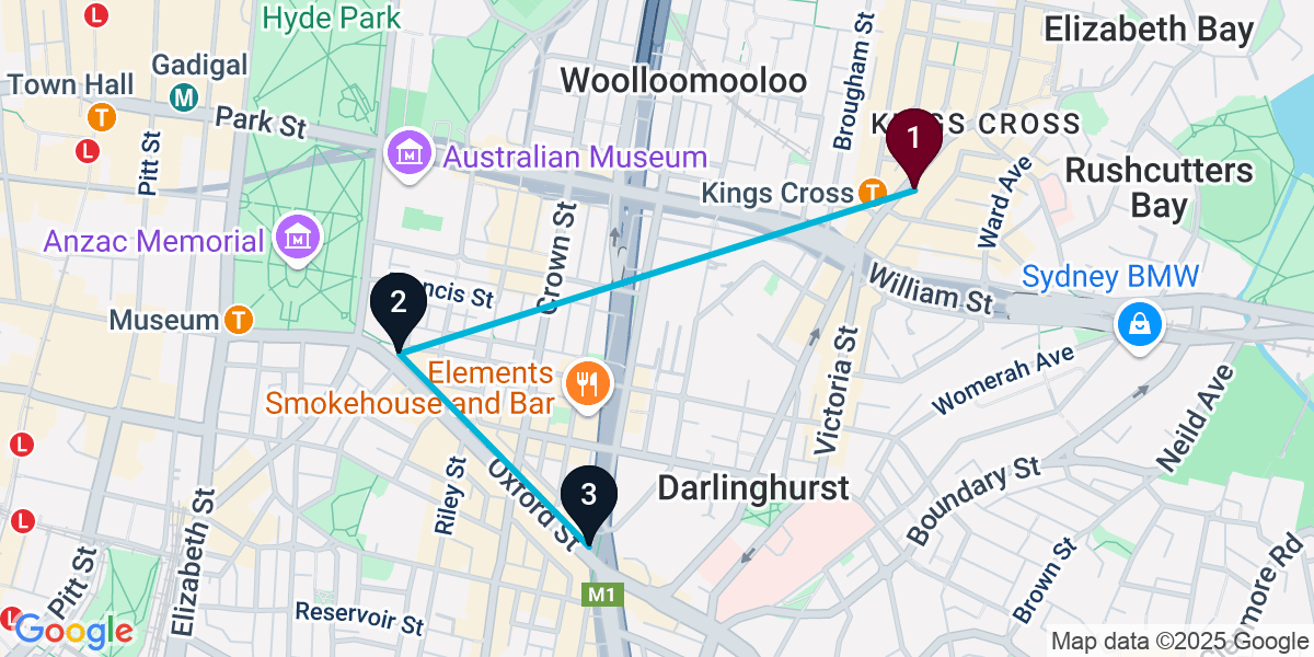 Map for 3-Stop Potts Point Nightclub Bar Crawl