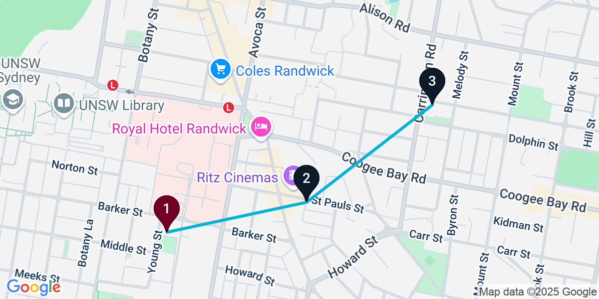 Map for 3-Stop Randwick Cocktail Bar Crawl