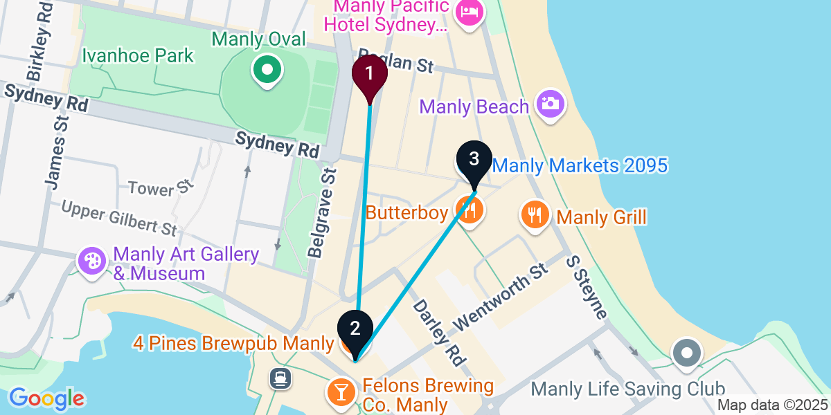 Map for 3-Stop Manly Pub Bar Crawl