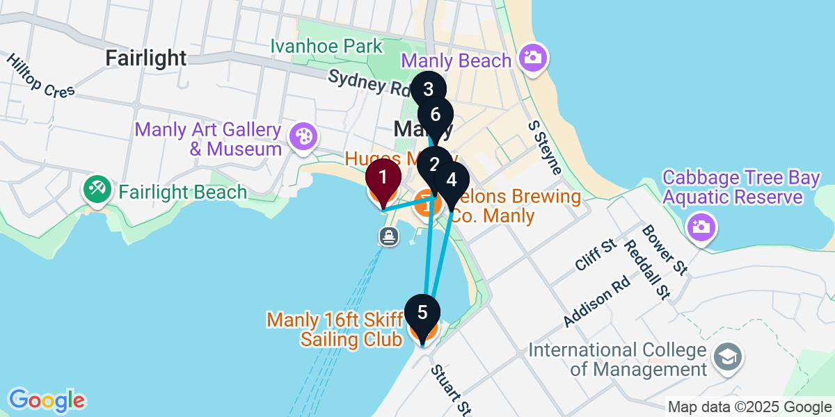 Map for 6-Stop Manly Cocktail Bar Crawl