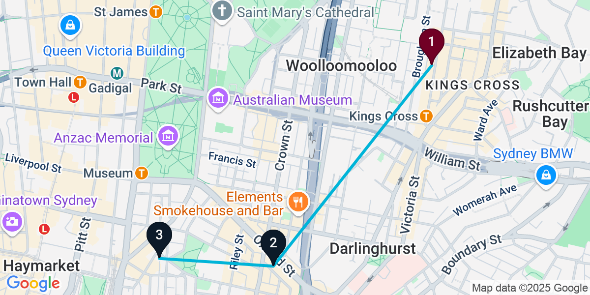 Map for 3-Stop Potts Point Brewery Bar Crawl