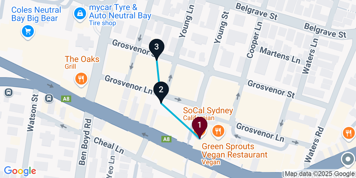Map for 3-Stop Neutral Bay Cocktail Bar Crawl