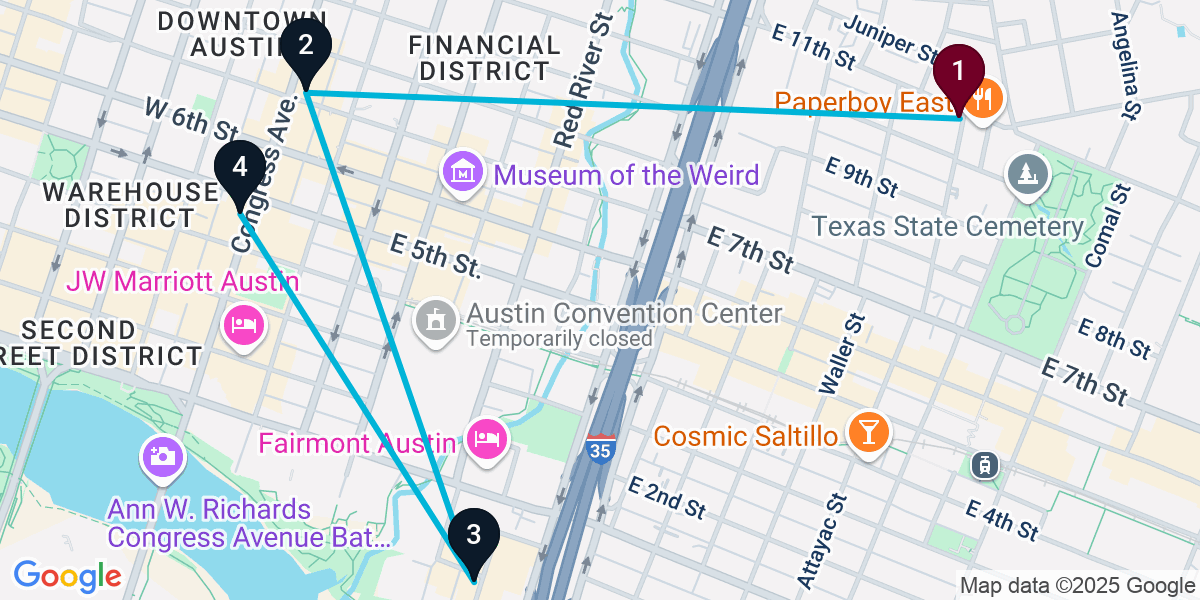Map for 4-Stop Austin Rooftop Bar Crawl