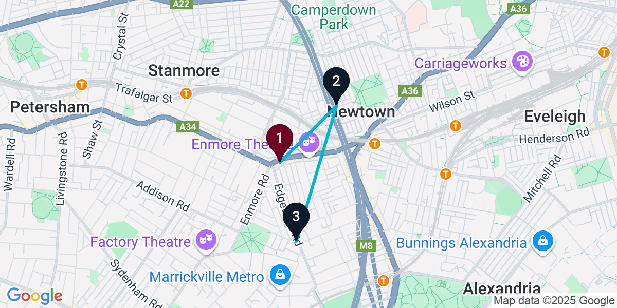 Map for 3-Stop Enmore Pub Bar Crawl