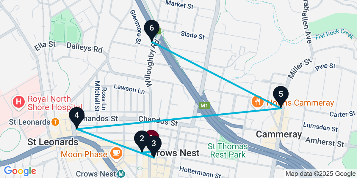 Map for 6-Stop Crows Nest Wine bar Bar Crawl