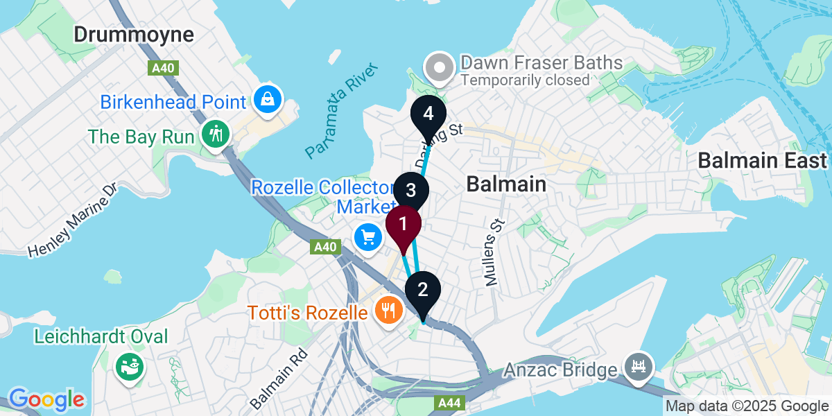 Map for 4-Stop Rozelle Pub Bar Crawl
