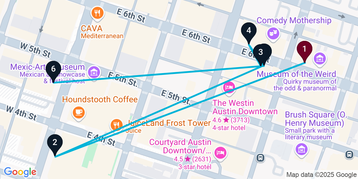 Map for 6-Stop Austin Live music Bar Crawl