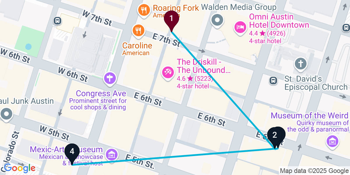 Map for 4-Stop Austin Live music Bar Crawl