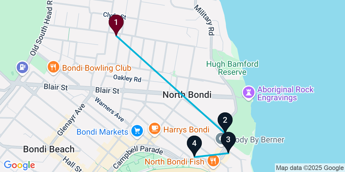 Map for 4-Stop Bondi Bar Crawl