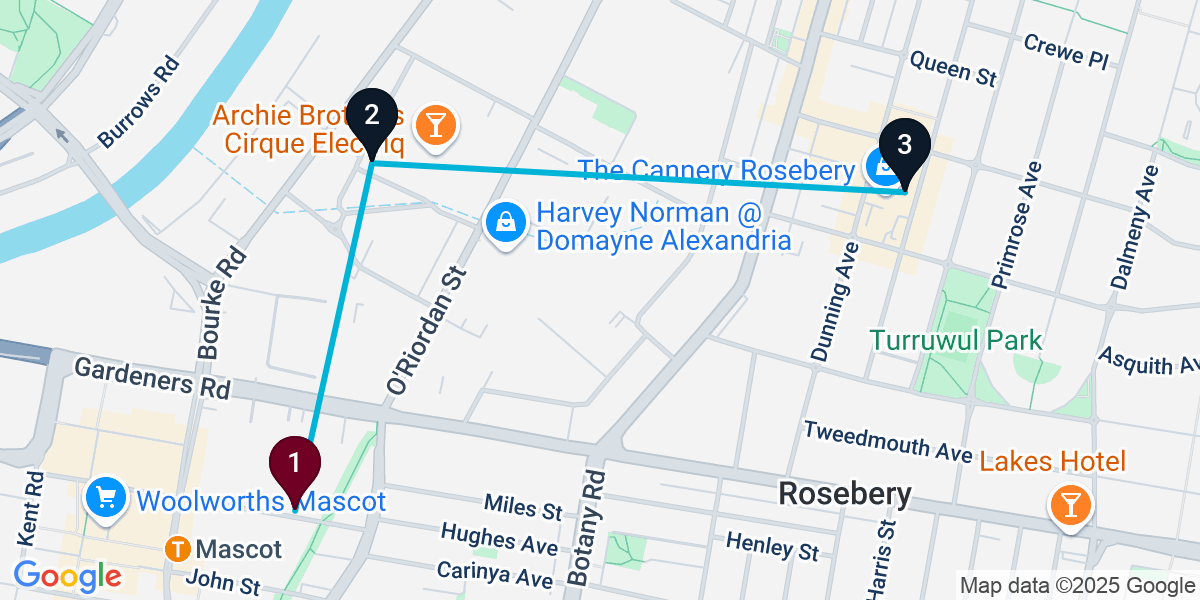 Map for 3-Stop Mascot Brewery Bar Crawl