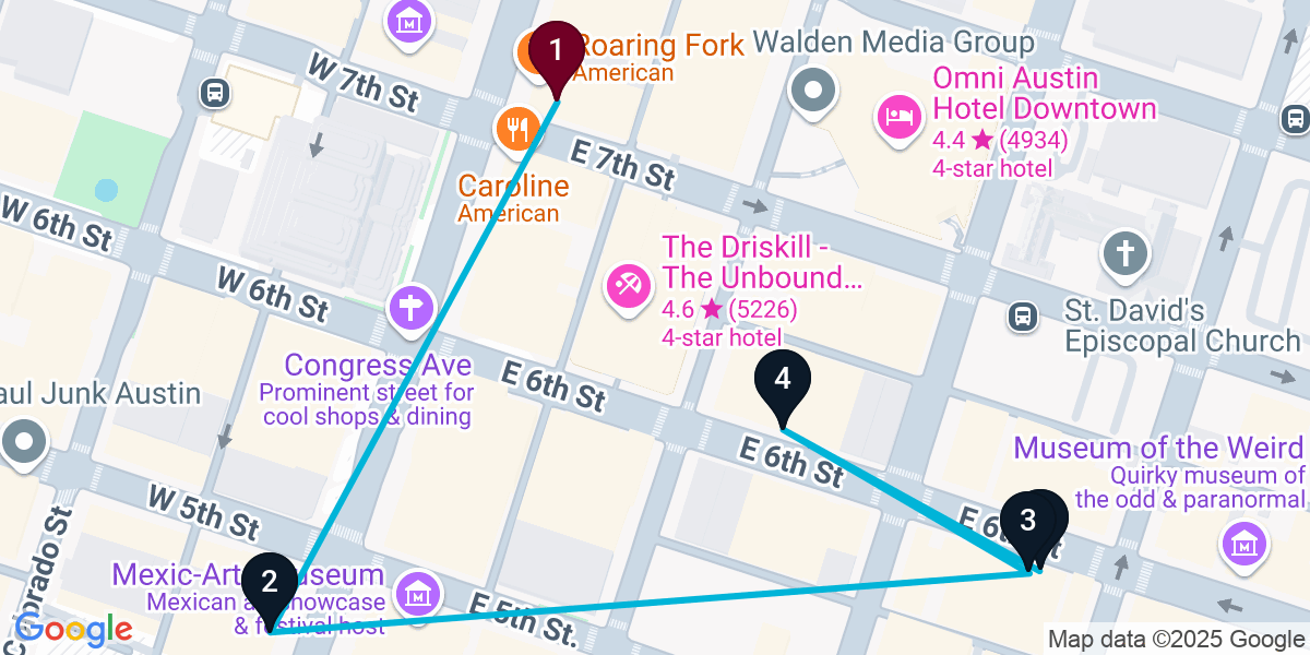 Map for 5-Stop Austin Live music Bar Crawl