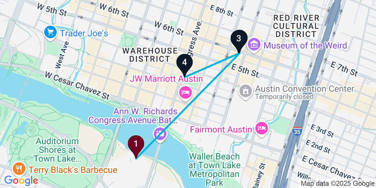 Map for 4-Stop Austin Live music Bar Crawl