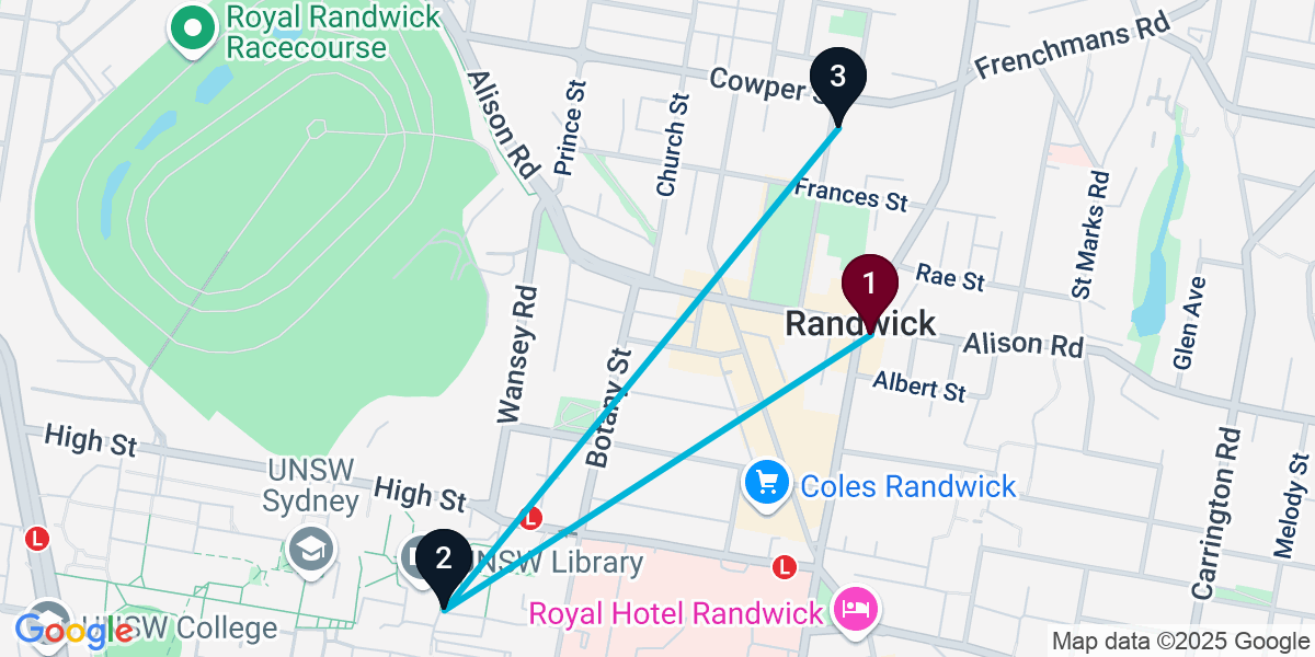 Map for 3-Stop Randwick Bar Crawl