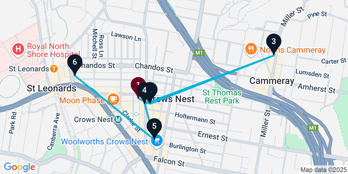 Map for 6-Stop Crows Nest Wine bar Bar Crawl