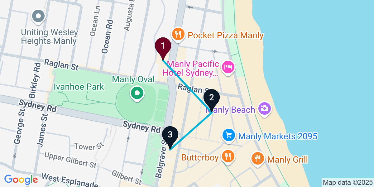 Map for 3-Stop Manly Speakeasy Bar Crawl