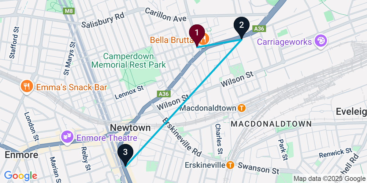 Map for 3-Stop Newtown Cocktail Bar Crawl