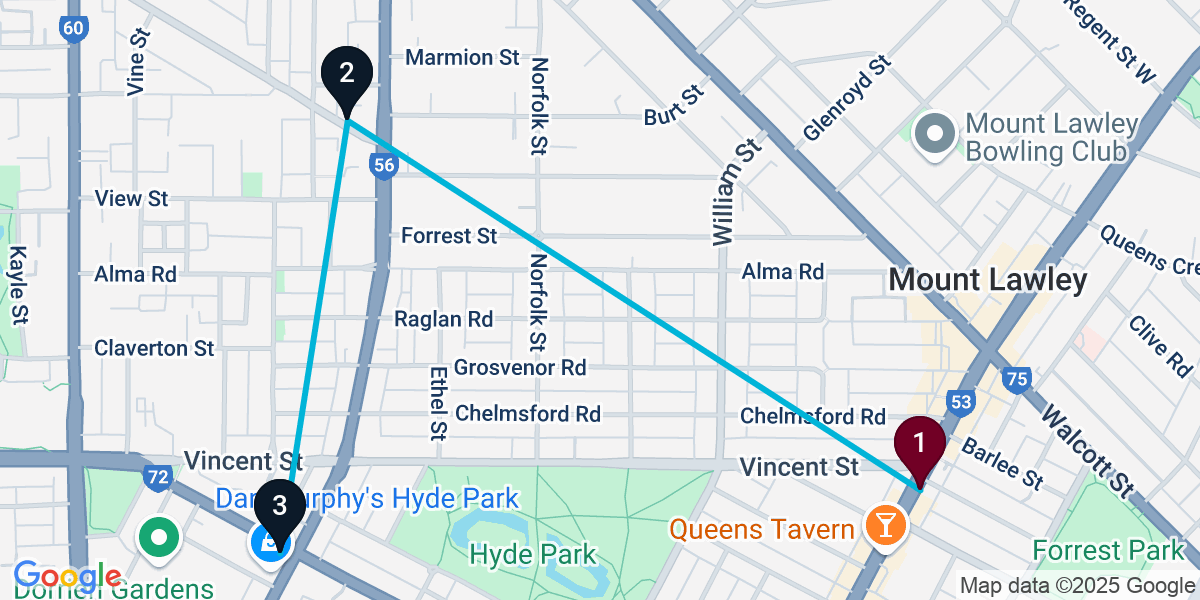 Map for 3-Stop Mount Lawley Cocktail Bar Crawl