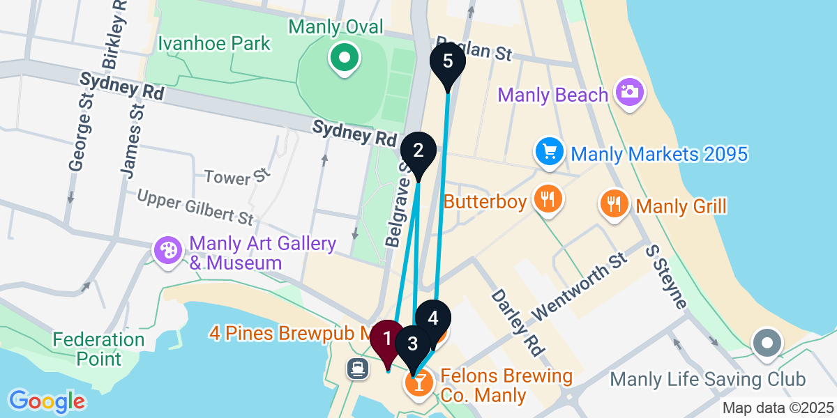 Map for 5-Stop Manly Cocktail Bar Crawl