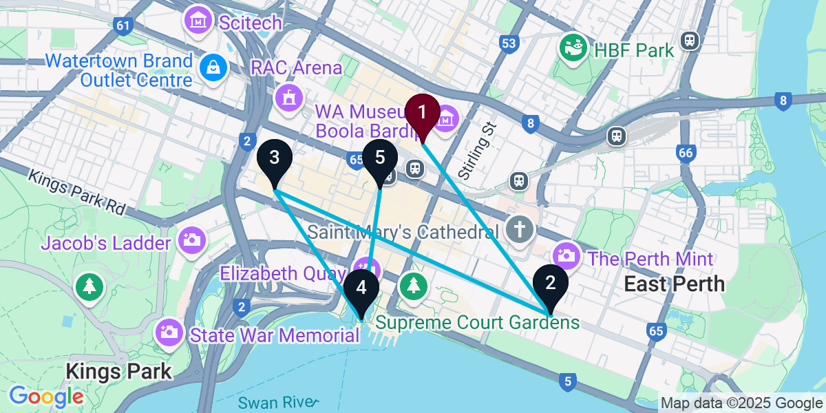 Map for 5-Stop Northbridge Wine bar Bar Crawl