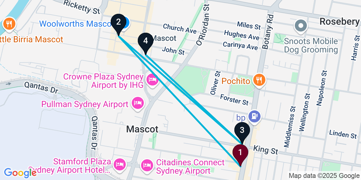 Map for 4-Stop Mascot Wine bar Bar Crawl