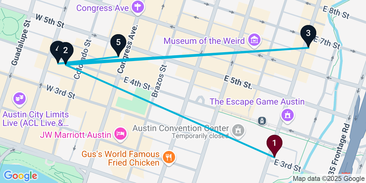 Map for 5-Stop Austin Nightclub Bar Crawl