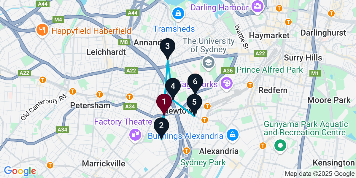 Map for 6-Stop Newtown Pub Bar Crawl