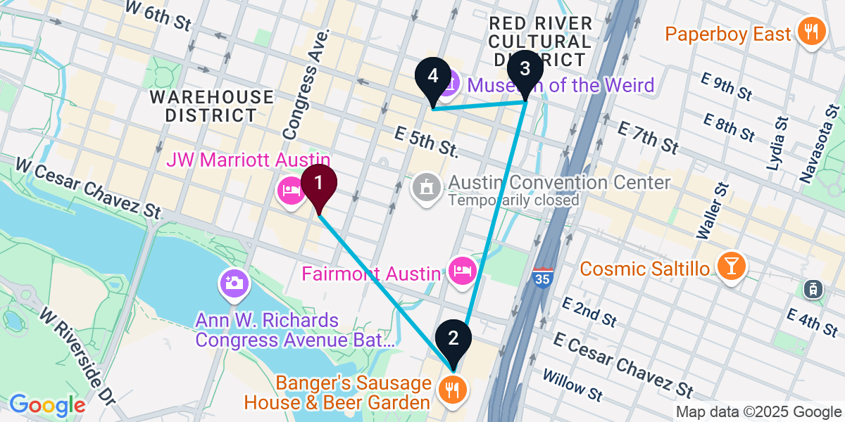 Map for 4-Stop Austin Bar Crawl