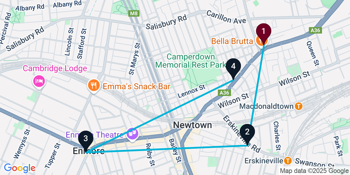 Map for 4-Stop Newtown Rooftop Bar Crawl