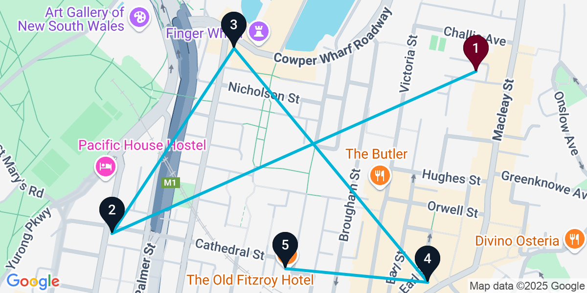 Map for 5-Stop Potts Point Pub Bar Crawl