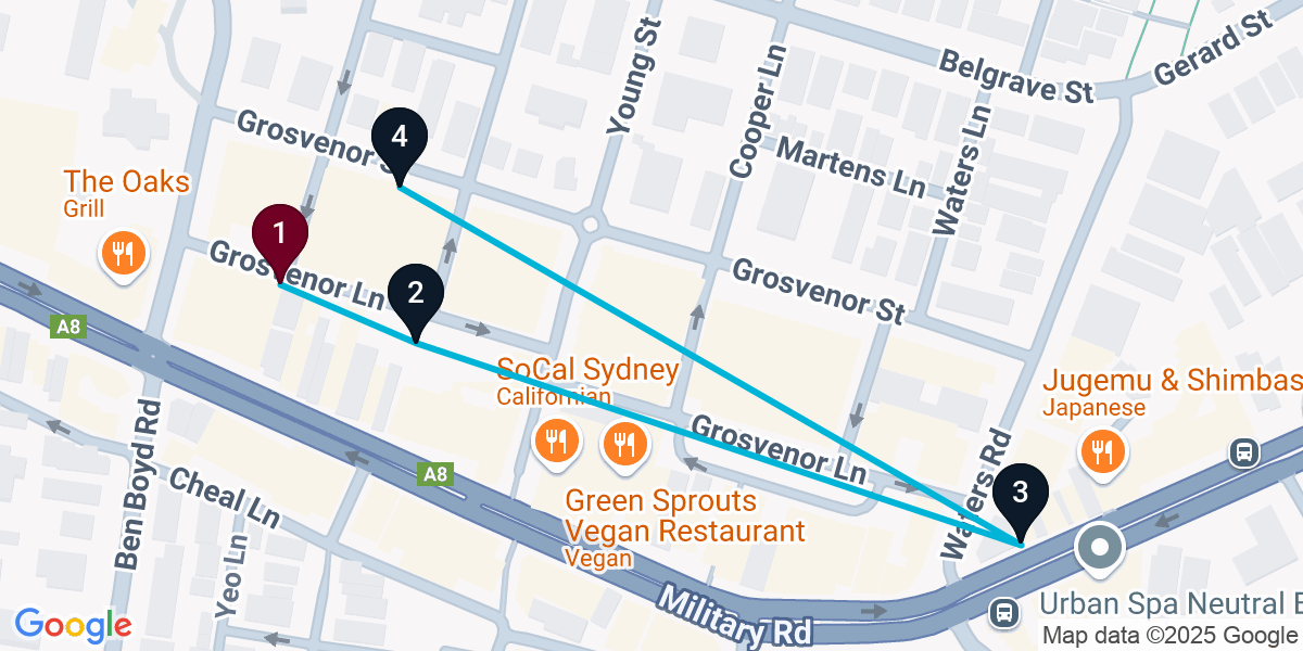 Map for 4-Stop Neutral Bay Bar Crawl