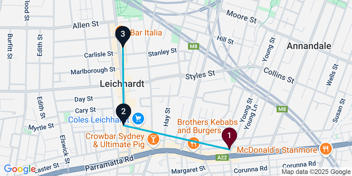 Map for 3-Stop Annandale Bar Crawl