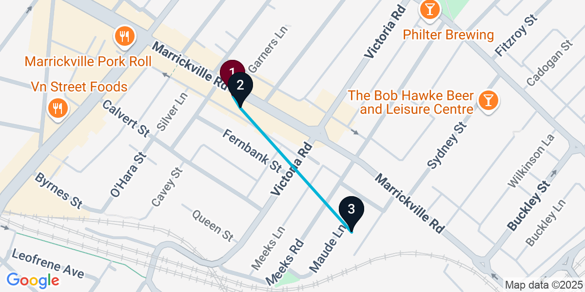 Map for 3-Stop Marrickville Bar Crawl