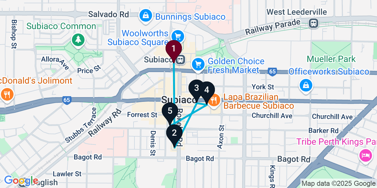 Map for 5-Stop Subiaco Bar Crawl