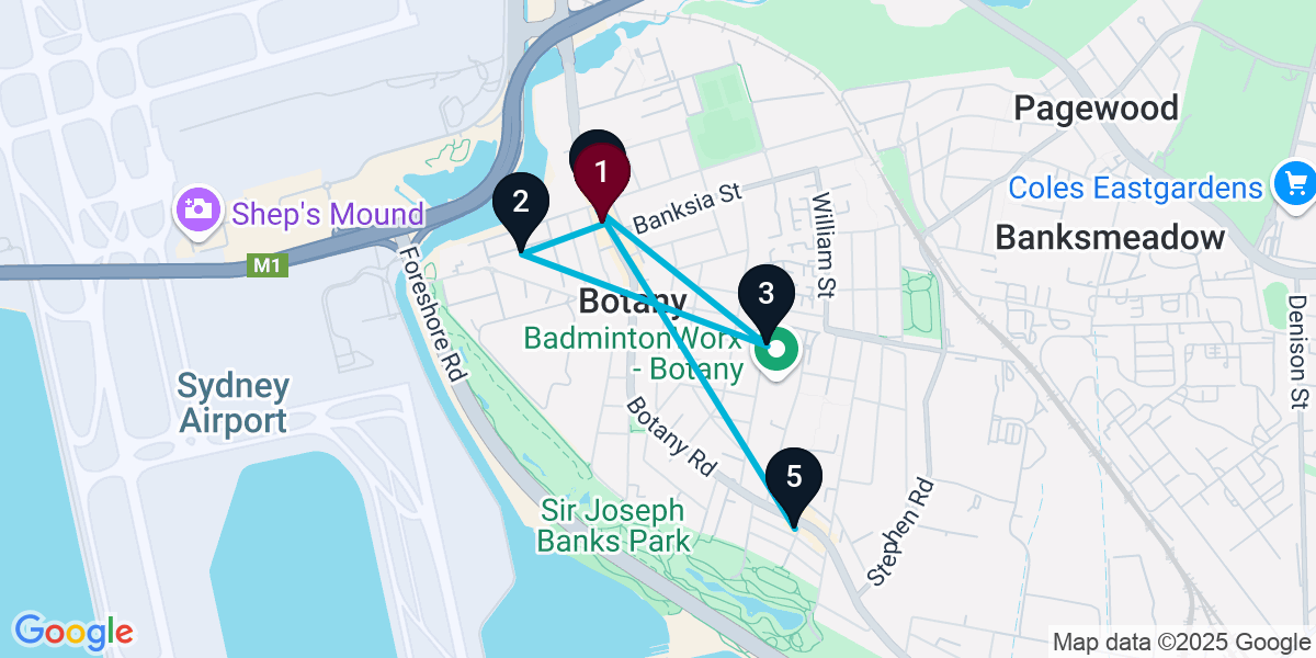 Map for 5-Stop Botany Bar Crawl