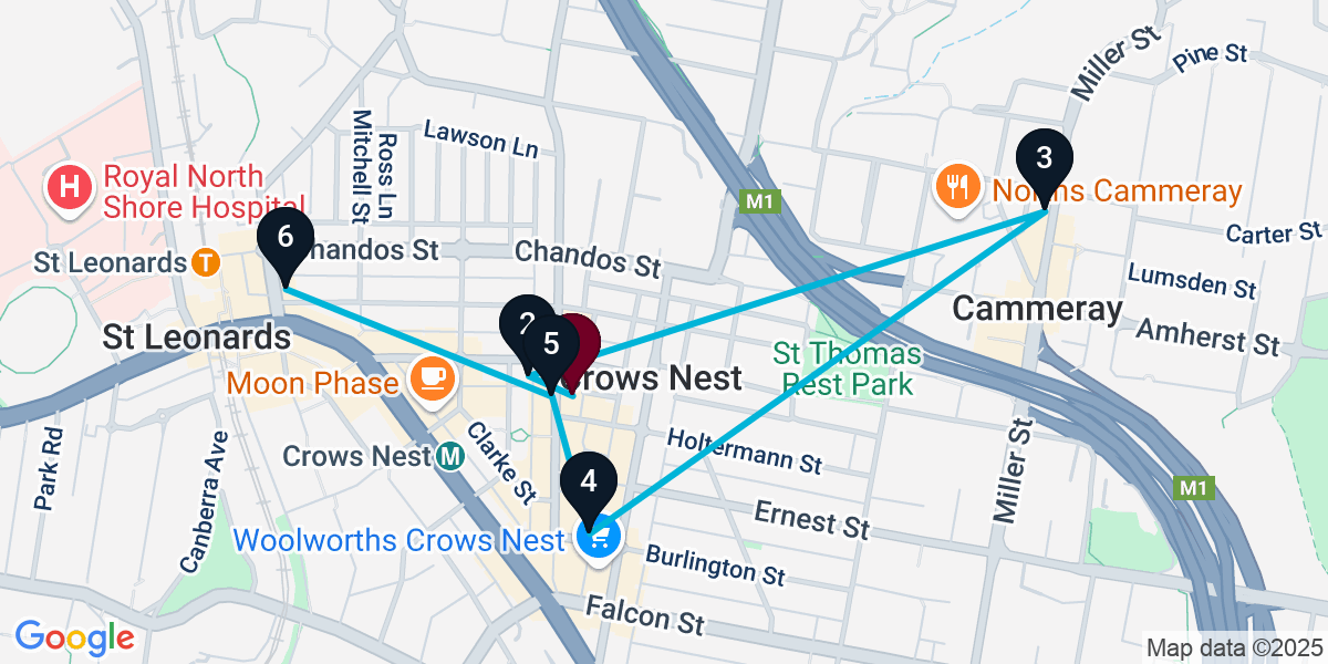 Map for 6-Stop Crows Nest Wine bar Bar Crawl