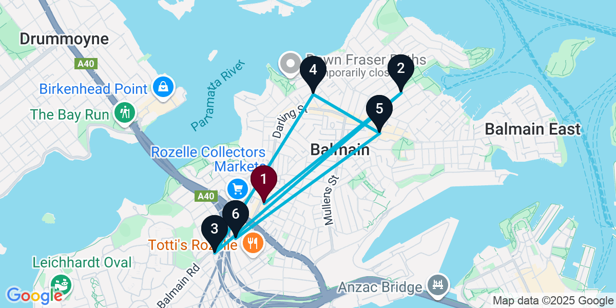 Map for 6-Stop Rozelle Bar Crawl