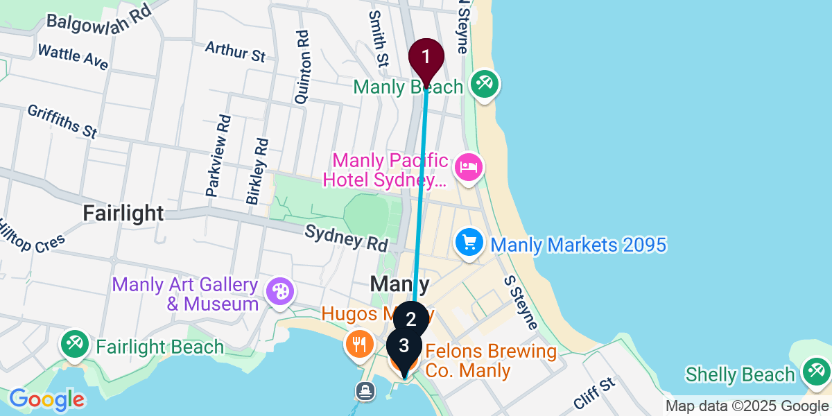 Map for 3-Stop Manly Brewery Bar Crawl