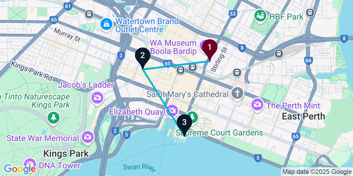 Map for 3-Stop Perth Rooftop Bar Crawl