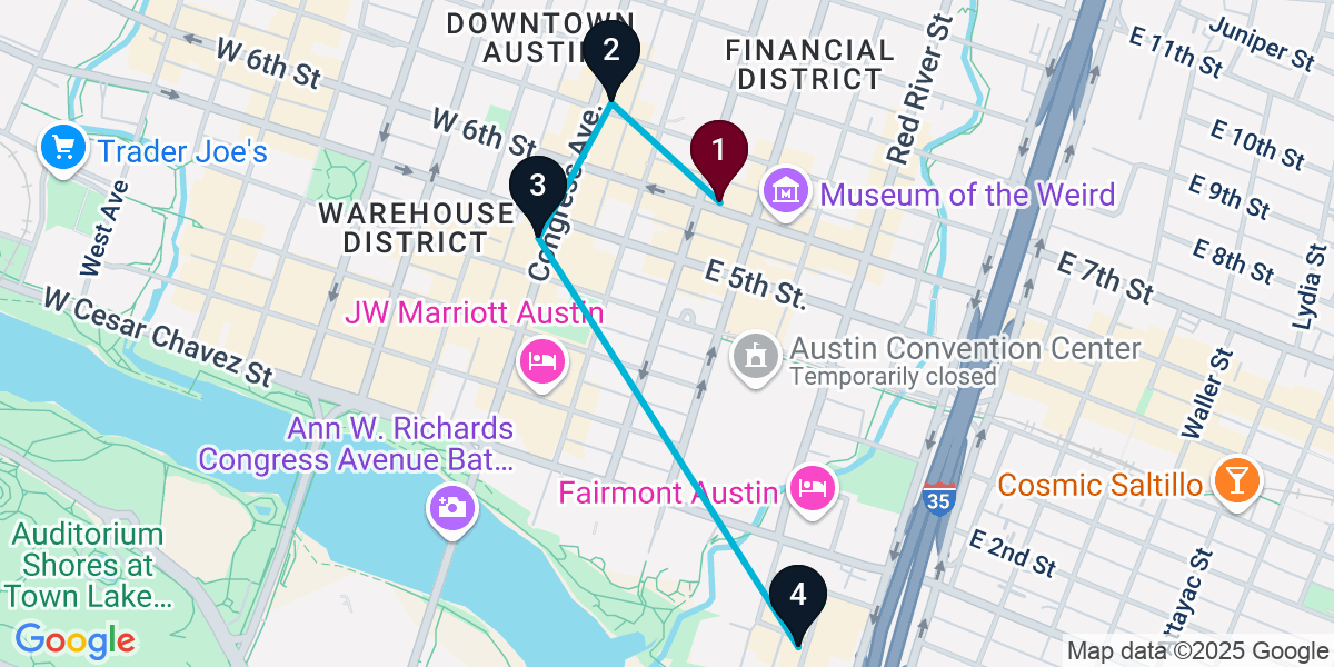 Map for 4-Stop Austin Rooftop Bar Crawl