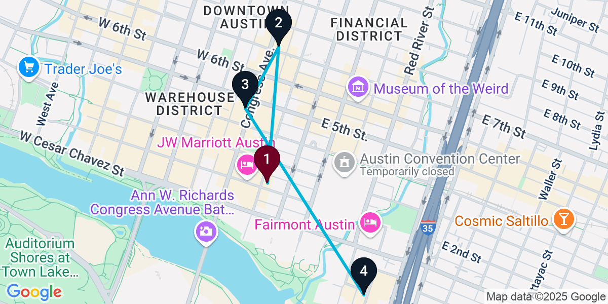 Map for 4-Stop Austin Rooftop Bar Crawl