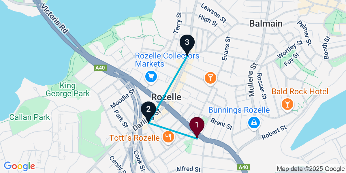 Map for 3-Stop Rozelle Cocktail Bar Crawl
