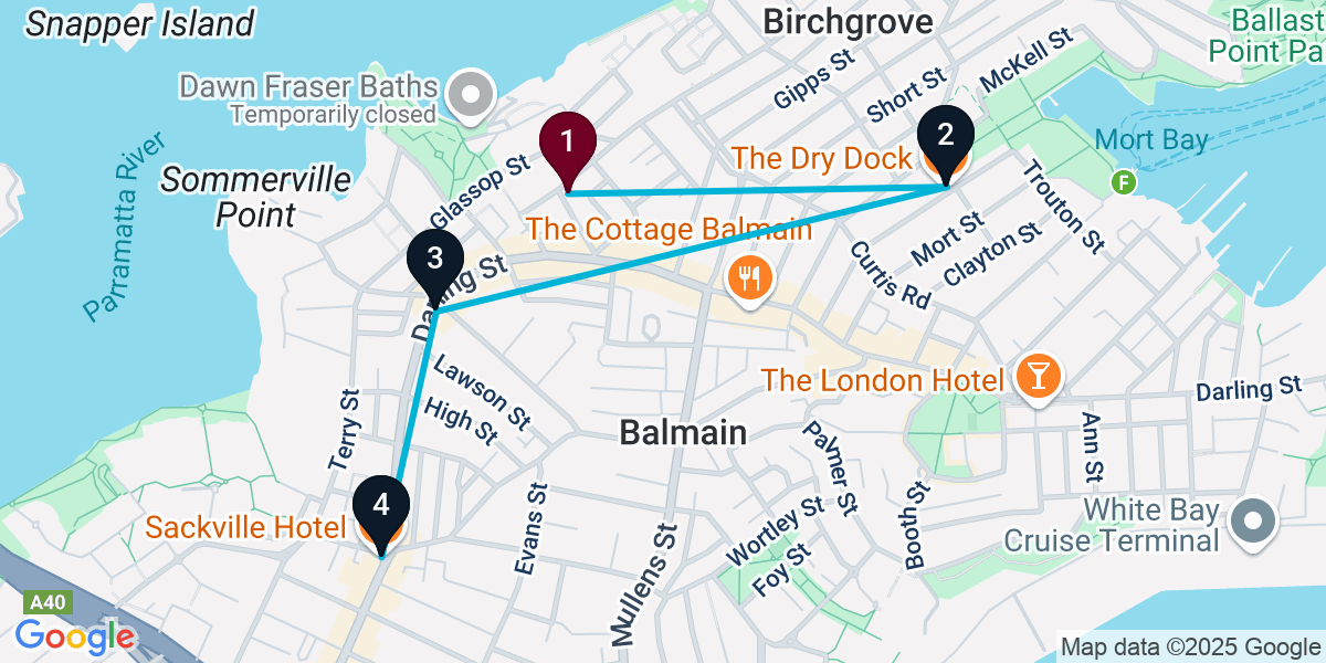 Map for 4-Stop Balmain Bar Crawl